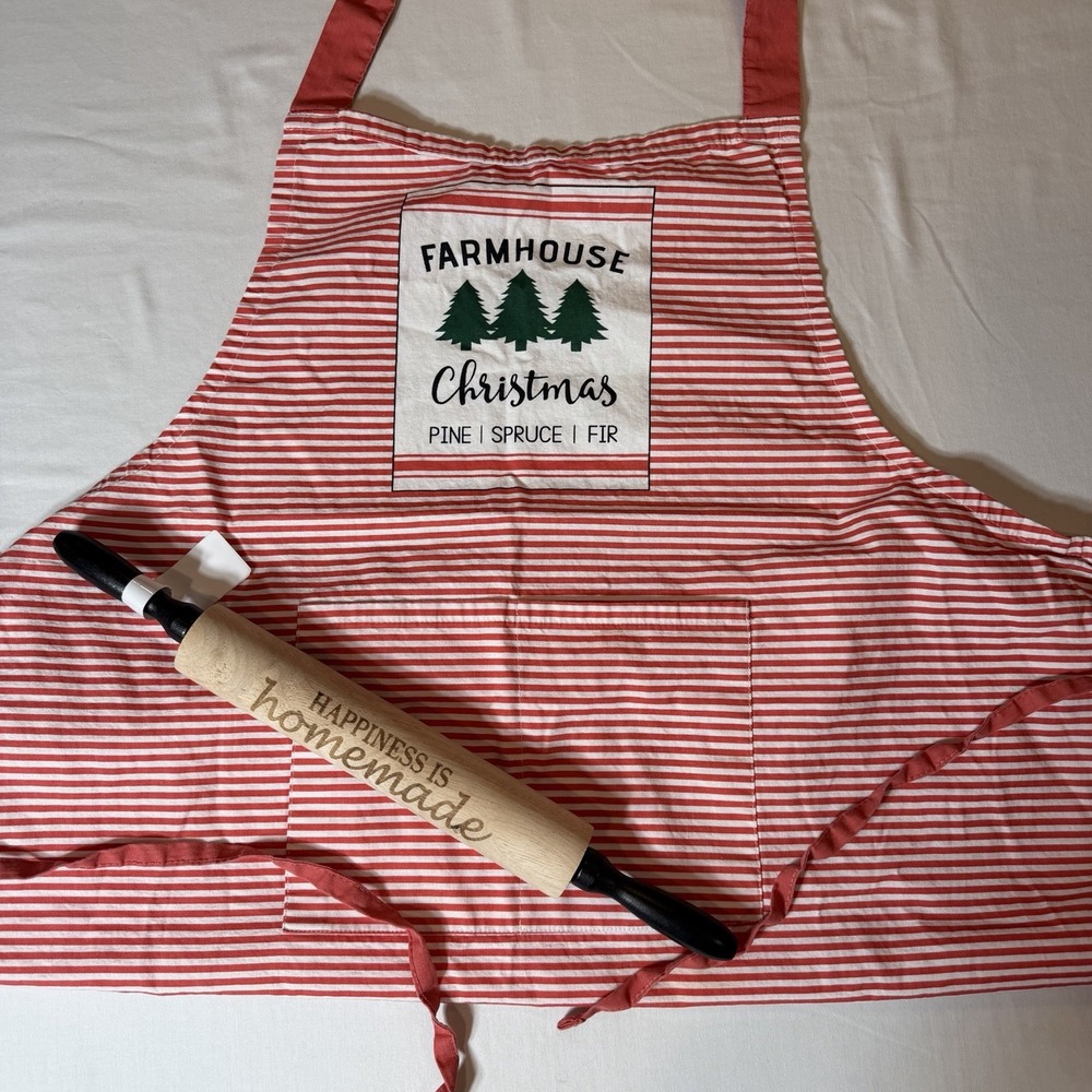 Farmhouse Christmas Apron and Happiness is Homemade Rolling Pin Baking/Cooking